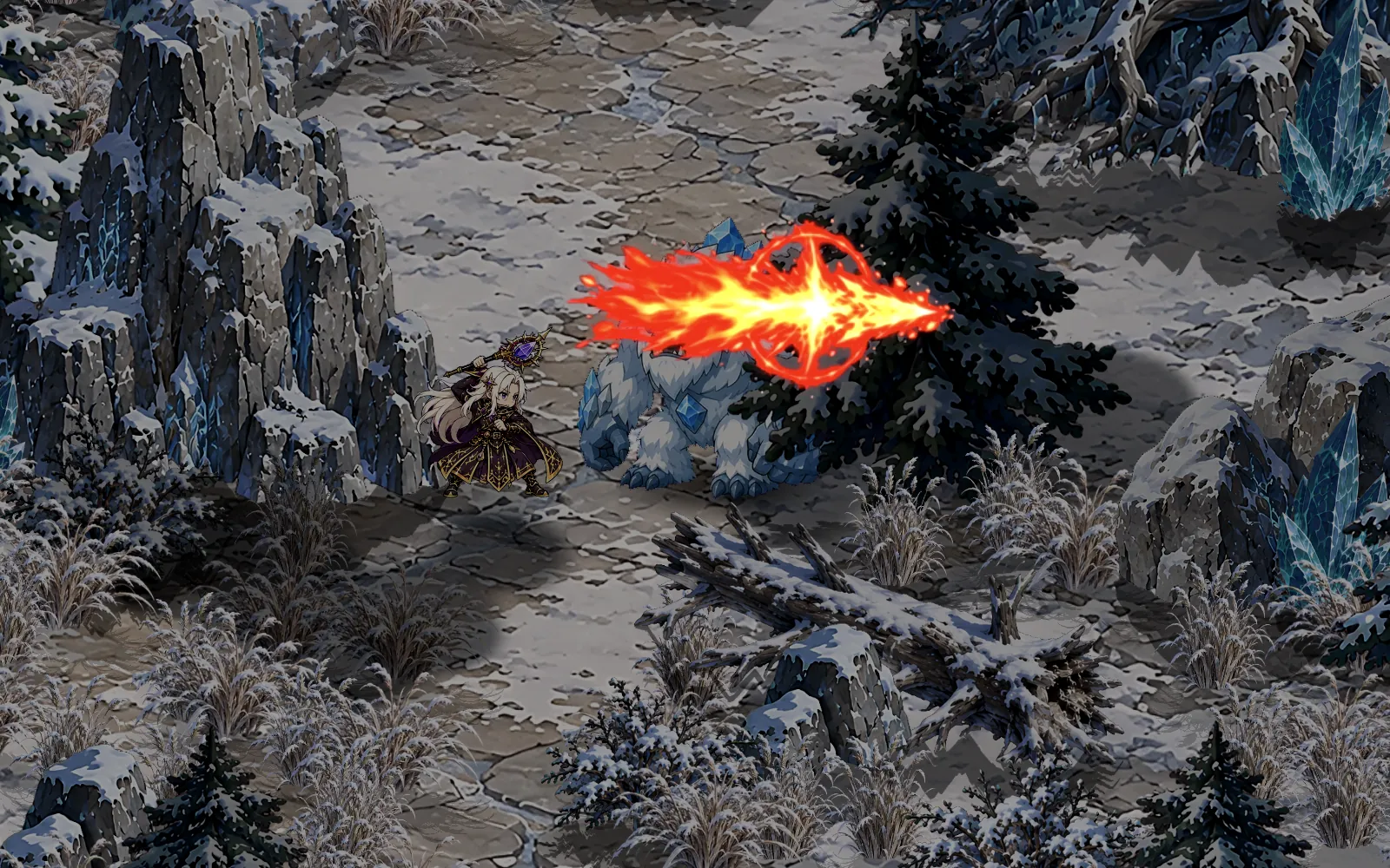Sirius casting a fire bolt at a frost yeti in Frostroot Pass