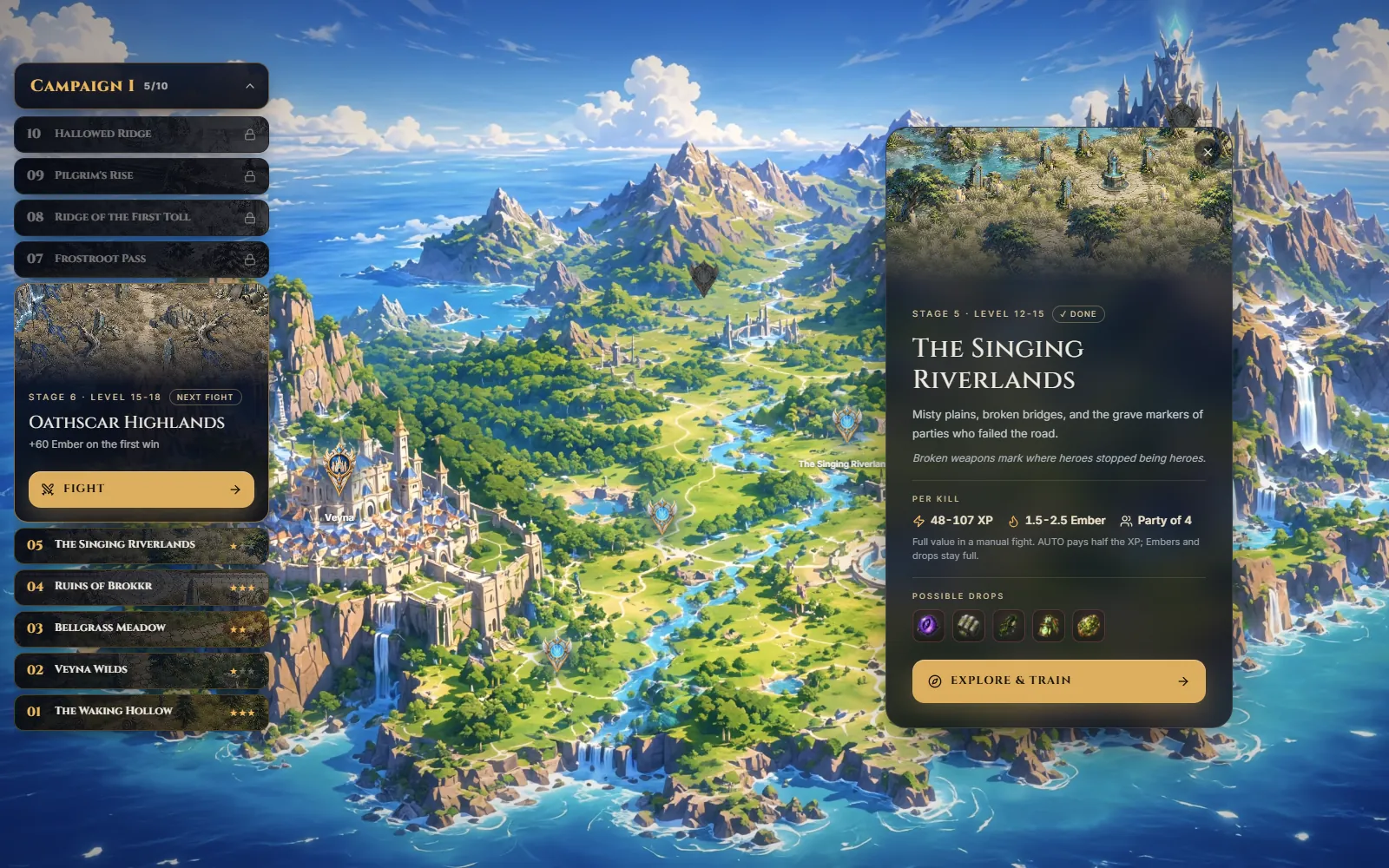 The world map of the Island That Remembers with a stage card open